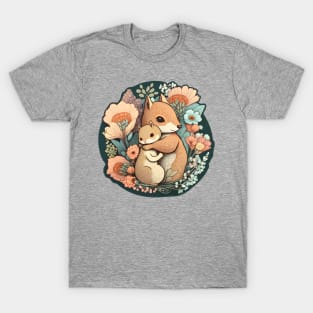 Mother and Baby Squirrel Embracing in Flowers Garden T-Shirt